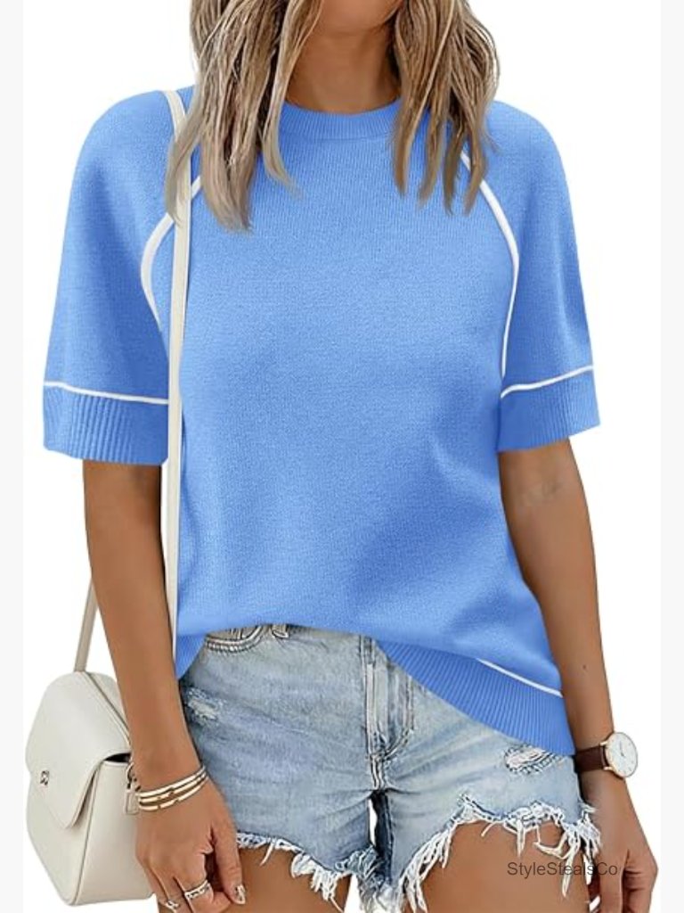 Short Sleeve Sweater Lightweight Knit Summer Crew Neck Pullover Loose Fit Ribbed